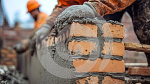 Construction Worker Applying Mortar to Brick Wall