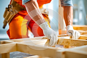 Construction worker assembling wooden framework at a building site