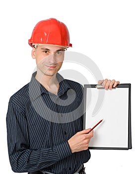 Construction worker with a blank sign