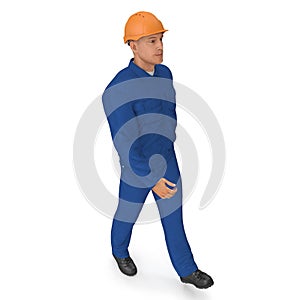 Construction Worker In Blue Coverall with Hardhat Standing Pose. 3D illustration, isolated, on white