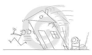 Construction Worker or Builder Running From Collapsing House, Vector Cartoon Stick Figure Illustration