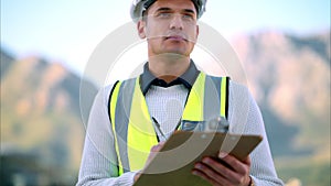 Construction worker, building engineer or man with clipboard paper writing or planning engineering supply stock