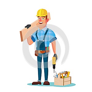 Construction Worker Building Timber Frame Vector. Classic Uniform And Helmet. Wooden Boards. Flat Cartoon Illustration