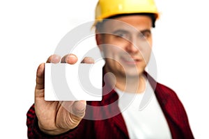 Construction worker with business card