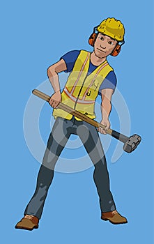 construction worker holding sledge hammer cartoon character yellow bib and hard hat professional illustration