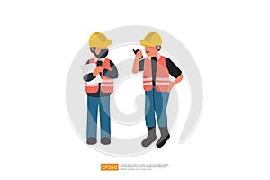 Construction Worker Character Checking Plan and Looking at Construction Site. Vector Illustration of Construction Worker