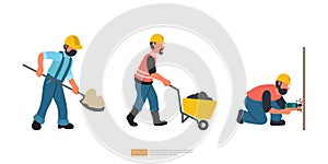 Construction Worker Character Set Vector Illustration. Builder with Shovel. Worker with Wheelbarrow Carrying Sand. Hand Drill Work