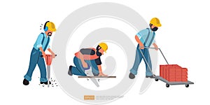 Construction Worker Character Set Vector Illustration. Worker with Wheelbarrow Carrying Brick. Road Builder In Headphones Working