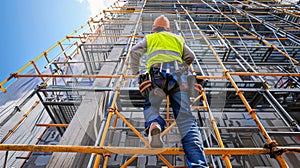 Construction worker climbing a scaffold on a bright day