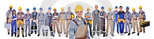 Construction worker with colleagues over white background