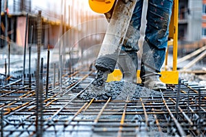 Construction worker controlling concrete pump on construction site with white background
