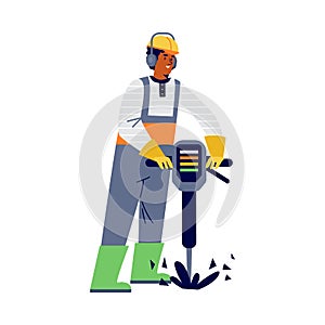 Construction worker drills road surface in flat vector illustration