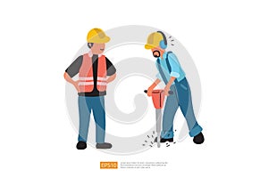 Construction worker drills road surface with jackhammer. Road professional worker supervision male character. character