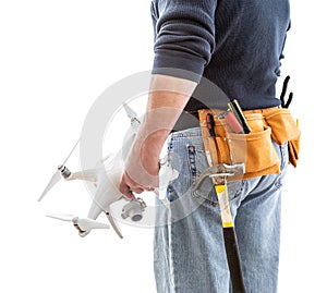 Construction Worker and Drone Pilot With Toolbelt Holding Drone Isolated on White Background