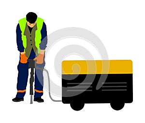 Construction worker electric drill Drilling concrete driveway with jackhammer, ground in construction area.