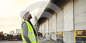 Construction worker, engineer black man manager on site inspection for building, warehouse or industrial project