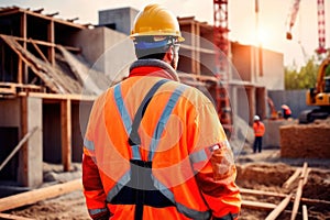 Construction worker engineer foreman supervising construction building site, view from behind