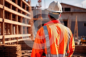 Construction worker engineer foreman supervising construction building site, view from behind photo