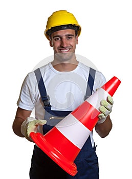 Construction worker ensures safety on a white background