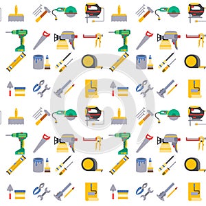 Construction worker equipment house renovation handyman tools carpentry industry seamless pattern background vector