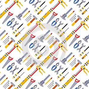 Construction worker equipment house renovation handyman tools carpentry industry seamless pattern background vector