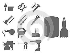 Construction worker equipment silhouette house renovation handyman tools carpentry industry vector illustration.