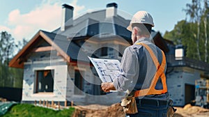 Construction worker examining blueprints at a building site