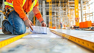 Construction Worker Examining Blueprints on Site, Meticulously Planning the Building Process.