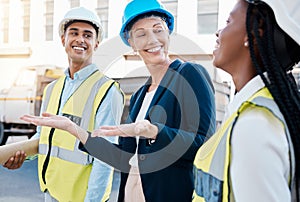 Construction worker, female architect and engineer working as a team on project maintenance on a building site in the