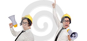 Construction worker in funny concept on white