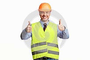 Construction Worker Gesturing Thumbs Up Posing On White Background