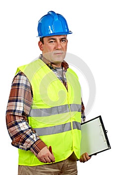 Construction worker with green safety vest