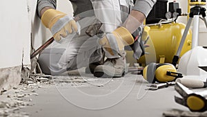 Construction worker hands with gloves working with hammer and chisel to remove old plaster from wall for house renovation, close