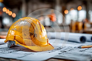 Construction worker hard hat and building plans sitting on a table at a job site