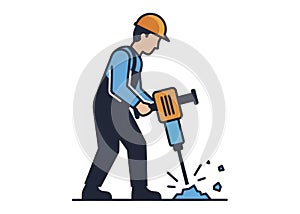 Construction Worker Using a Jackhammer Tool in Hard Hat and Overalls Vector Illustration Isolated on White Background