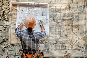 Construction worker in hard hat reviewing building plans on floor with tools and materials