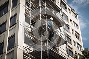 a construction worker, with a hard hat and tool belt, on a scaffold tower near the exterior of an office building