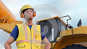 Construction worker hard hat yellow bib excavator backhoe heavy equipment 3D illustration
