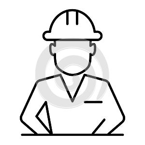 Construction worker in helmet thin line icon. Builder avatar vector illustration isolated on white. Man engineer outline