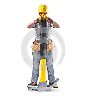 Construction worker in helmet with tool and hammer
