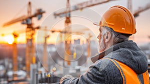 A construction worker in helmet working outdoor in a work setting.