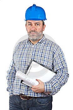 Construction worker holding blueprints