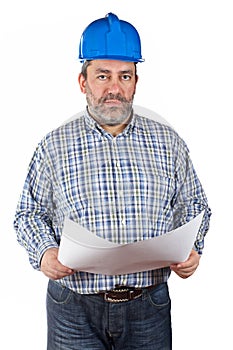 Construction worker holding blueprints