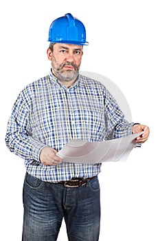 Construction worker holding blueprints