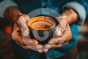 Construction worker holding a cup of coffee during break time