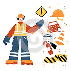 Construction Worker holding danger sign with safety equipment clipart photo