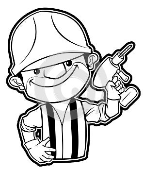 Construction Worker Holding Drill Black And White Illustration