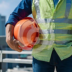 Construction worker holding a hard hat in hands close up