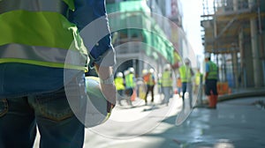 The construction worker holding helmet.AI generated image