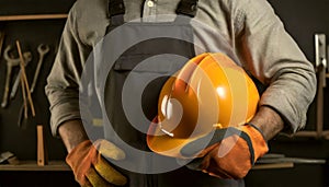 Construction Worker Holding His Orange Safety Helmet - Generative Ai